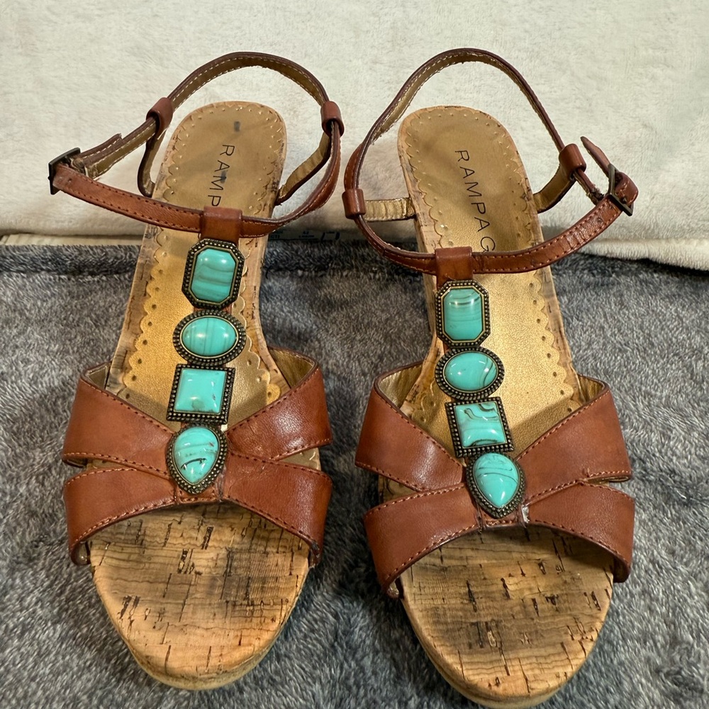 Vintage Rampage Brand Wedge Sandals Size 7 Brown Color With Turquoise Stones